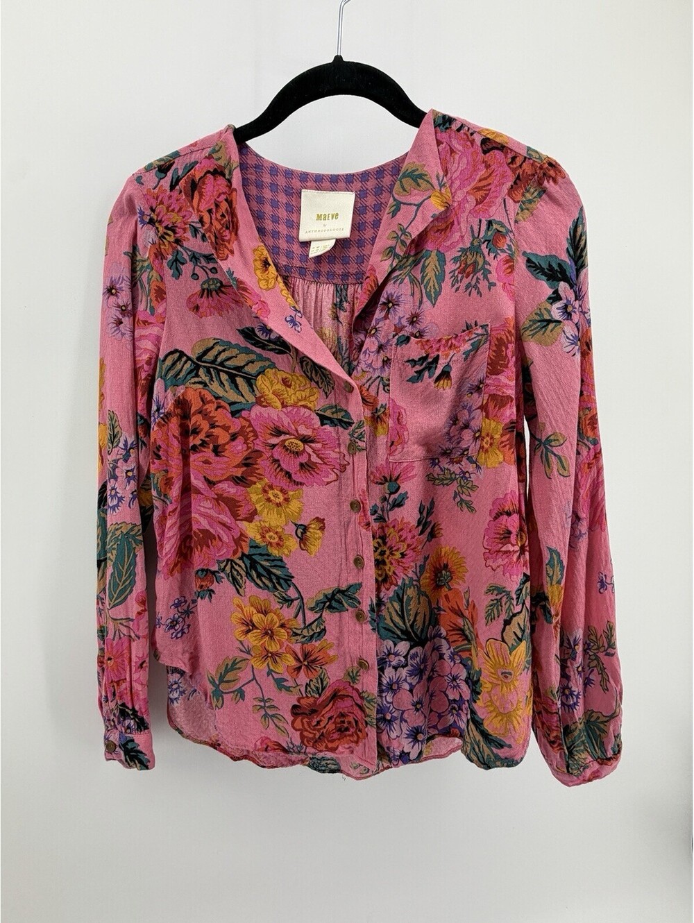 Maeve Women’s Pink Floral Woven Rayon V-Neck Button Front Blouse Long Sleeve